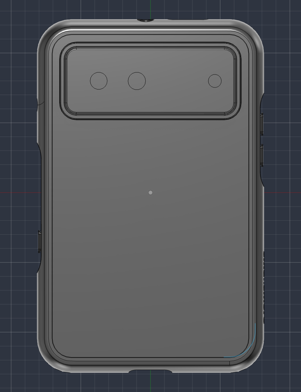 Rear CAD view showing the case geometry and camera opening