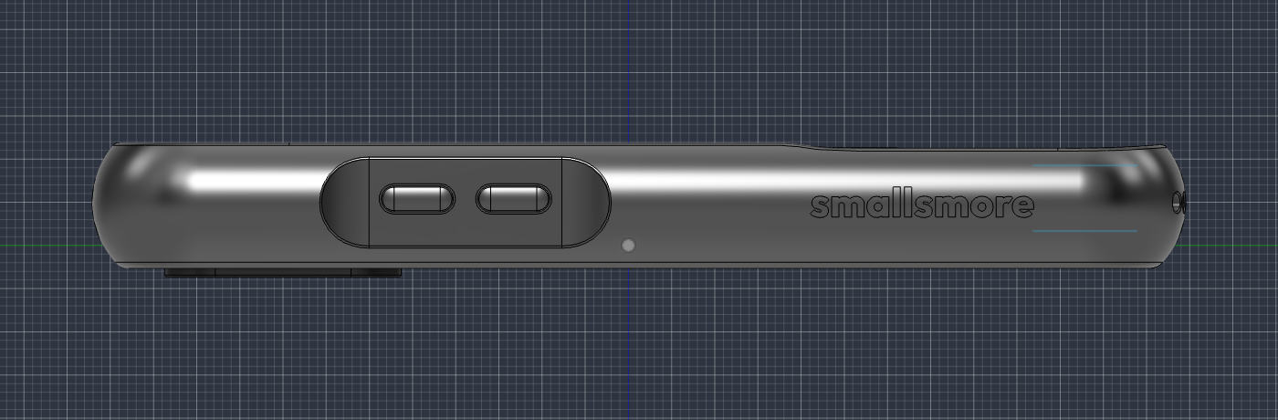 Opposite side profile of the CAD model showing the volume key placement