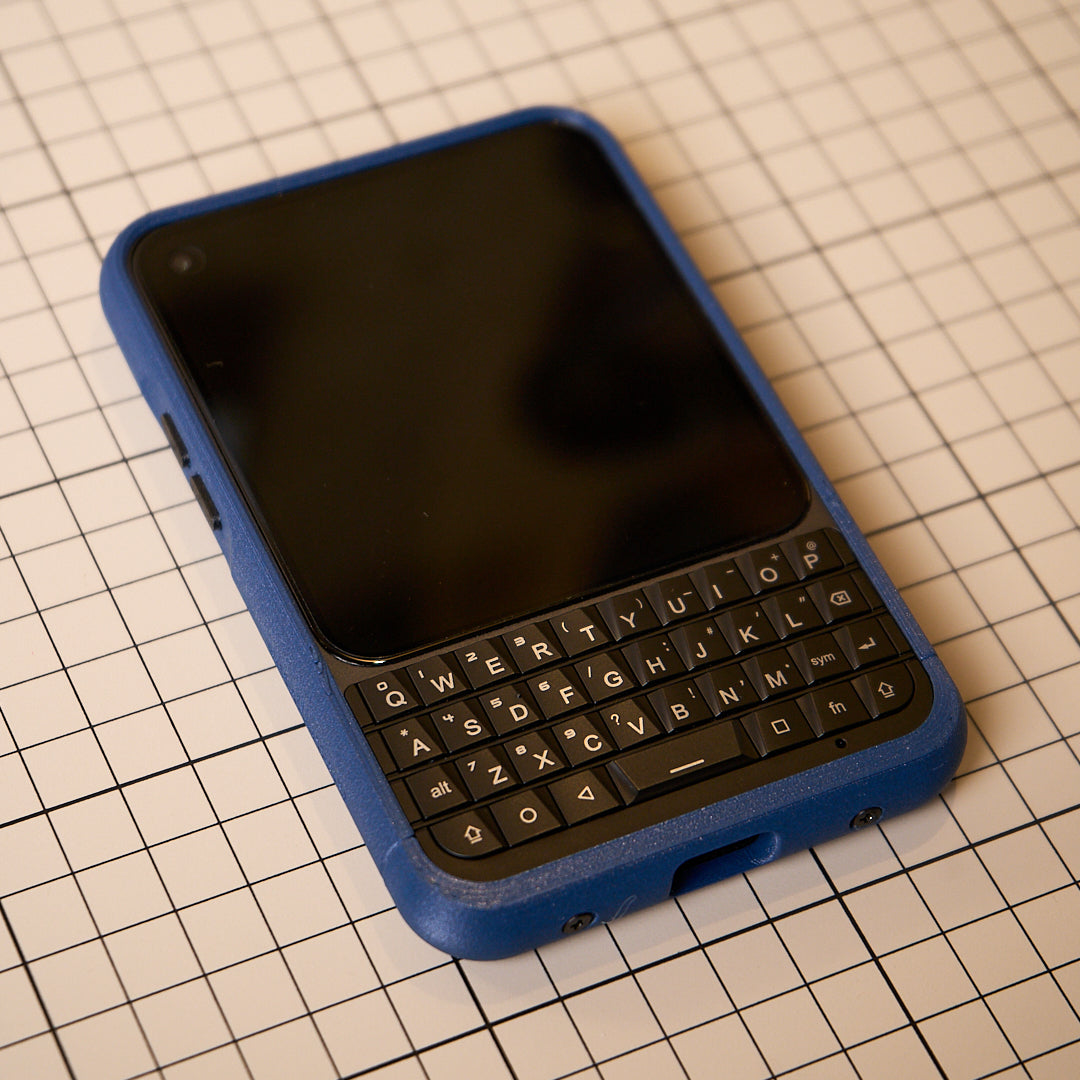 Front of a blue MCase on a workbench